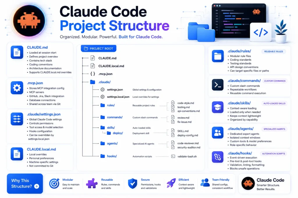 Claude Code project structure showing CLAUDE.md, .mcp.json and the .claude directory